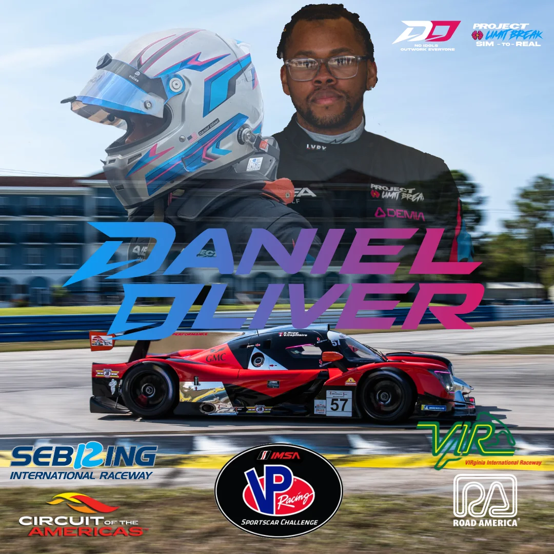 Daniel Oliver 2026 IMSA VP Racing SportsCar Challenge announcement flyer — helmet, portrait and LMP3 prototype with Project Limit Break branding
