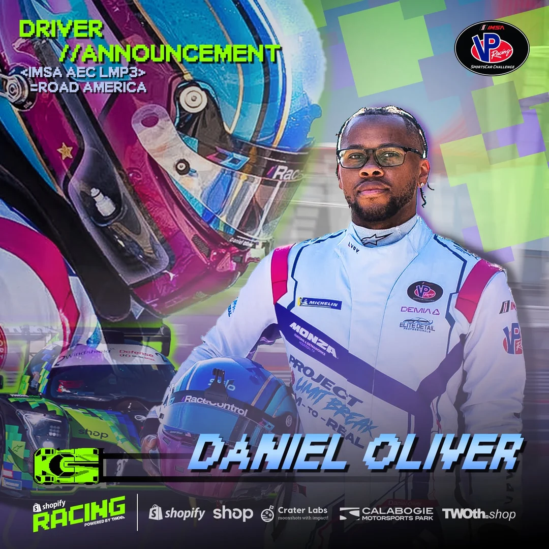 Shopify Racing driver announcement graphic — Daniel Oliver in his Project Limit Break race suit alongside his helmet and the LMP3 prototype, with IMSA VP Racing SportsCar Challenge branding