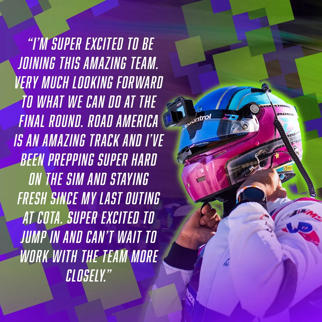 Quote card — Daniel Oliver pulling on his helmet in the pit lane, with his statement on joining Shopify Racing for the Road America finale