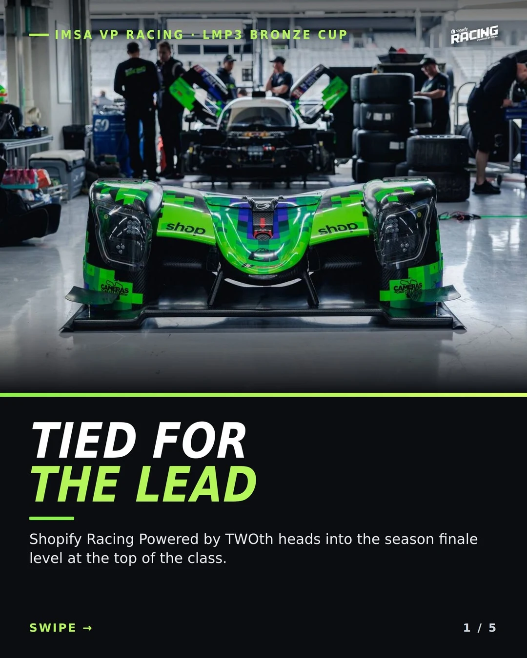 Shopify Racing graphic — the No. 2 Ligier JS P325 in the Road America garage under the headline Tied For The Lead