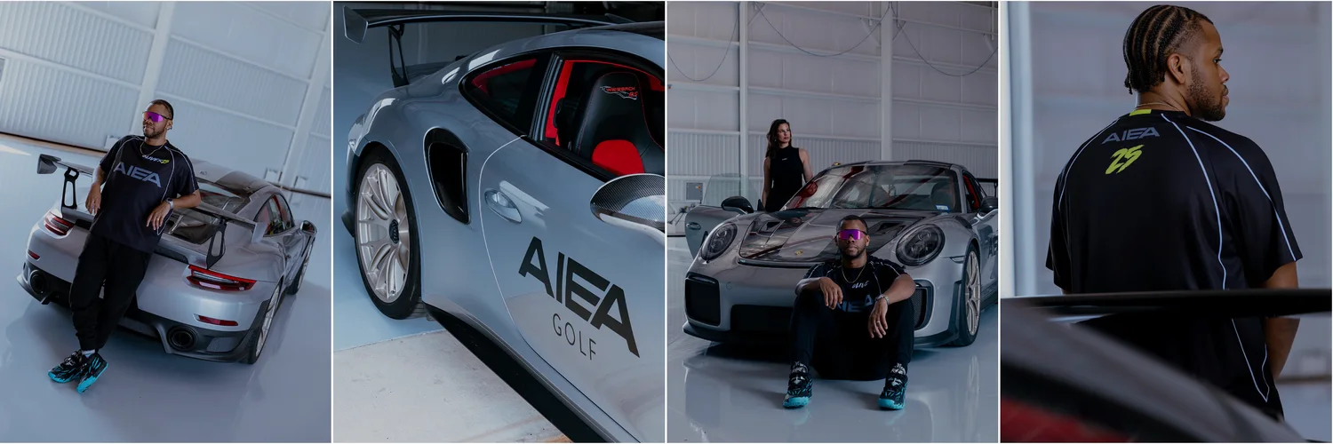 Four-panel partner photoshoot: Daniel with the AIEA Golf Porsche GT2 RS in a hangar